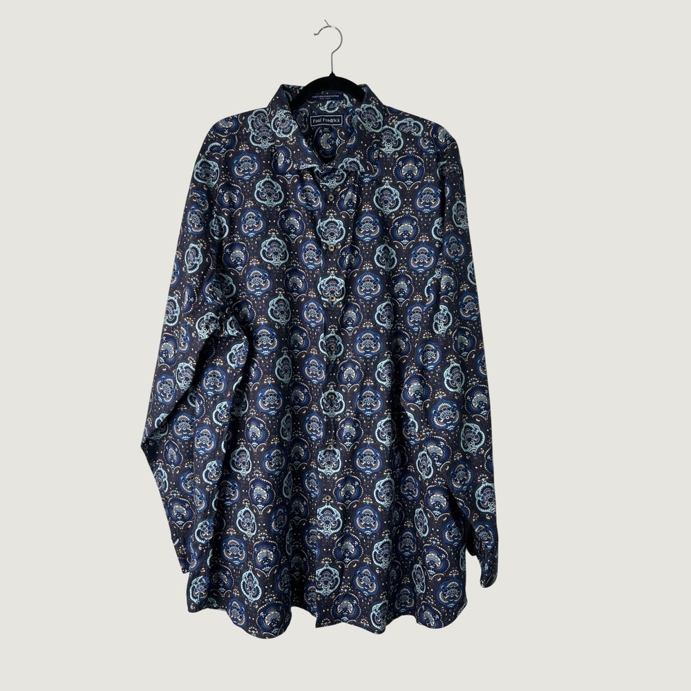 Paul Fredrick Button Down Shirt Mens 3XLT Blue Paisley Boho Preppy Office Ornate